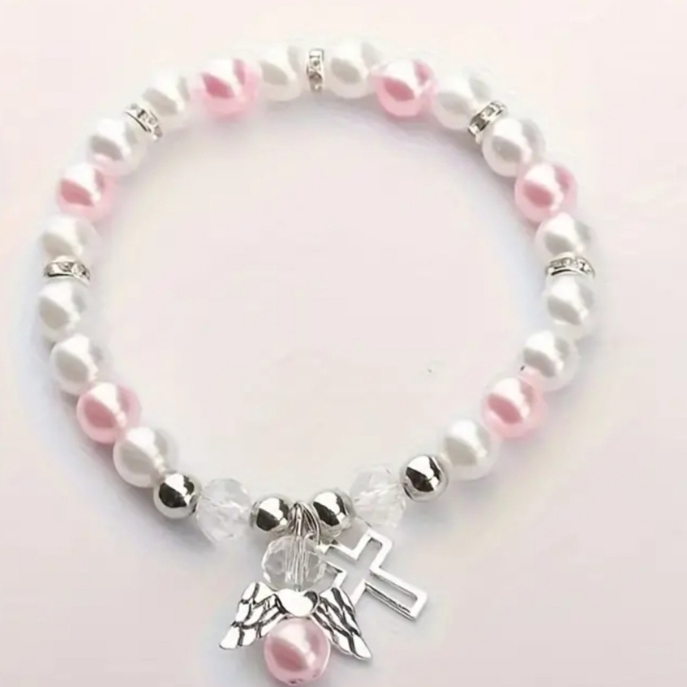 Delicate Angel Wing Cross Charm Bracelet - Pink/White Faux Pearls